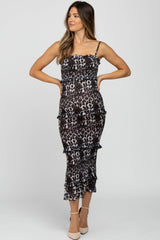 Black Leopard Print Smocked Fitted Maternity Midi Dress