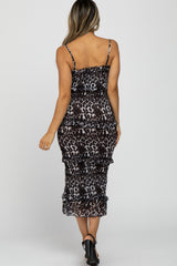 Black Leopard Print Smocked Fitted Midi Dress