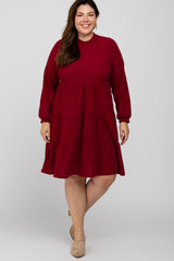 Burgundy Mock Neck Tiered Maternity Plus Dress