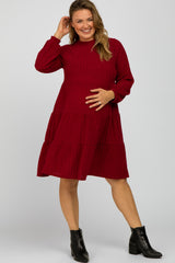 Burgundy Mock Neck Tiered Maternity Plus Dress