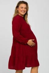 Burgundy Mock Neck Tiered Maternity Plus Dress