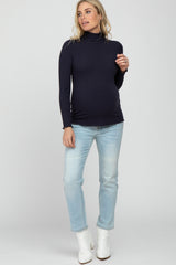 Navy Ribbed Ruffle Trim Maternity Turtle Neck