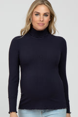 Navy Ribbed Ruffle Trim Maternity Turtle Neck