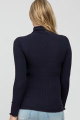 Navy Ribbed Ruffle Trim Maternity Turtle Neck