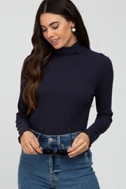 Navy Ribbed Ruffle Trim Turtle Neck