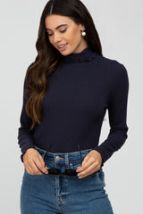 Navy Ribbed Ruffle Trim Maternity Turtle Neck