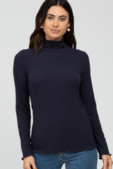 Navy Ribbed Ruffle Trim Turtle Neck