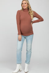 Mauve Ribbed Ruffle Trim Maternity Turtle Neck