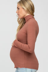 Mauve Ribbed Ruffle Trim Maternity Turtle Neck