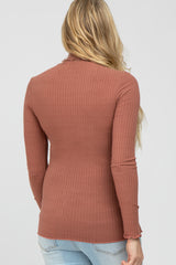 Mauve Ribbed Ruffle Trim Maternity Turtle Neck