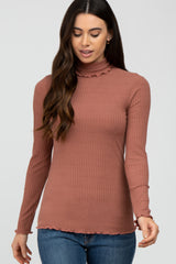 Mauve Ribbed Ruffle Trim Maternity Turtle Neck