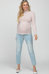 Light Pink Ribbed Ruffle Trim Maternity Turtle Neck