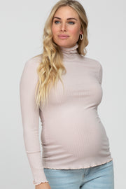 Light Pink Ribbed Ruffle Trim Maternity Turtle Neck