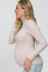 Light Pink Ribbed Ruffle Trim Maternity Turtle Neck