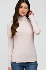 Light Pink Ribbed Ruffle Trim Maternity Turtle Neck