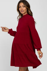 Burgundy Mock Neck Tiered Maternity Dress