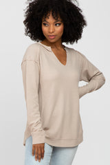 Taupe Split Neck Exposed Seam Long Sleeve Top