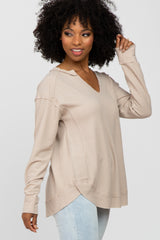 Taupe Split Neck Exposed Seam Long Sleeve Top