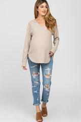 Taupe Split Neck Exposed Seam Maternity Long Sleeve Top