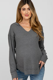 Charcoal Split Neck Exposed Seam Maternity Long Sleeve Top