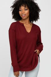 Burgundy Split Neck Exposed Seam Long Sleeve Top