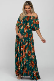 Teal Pleated Floral Off Shoulder Maternity Dress