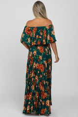 Teal Pleated Floral Off Shoulder Maternity Dress