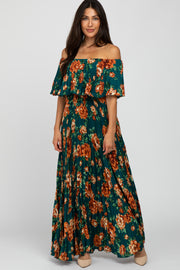 Teal Pleated Floral Off Shoulder Dress