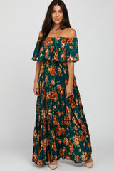 Teal Pleated Floral Off Shoulder Maternity Dress