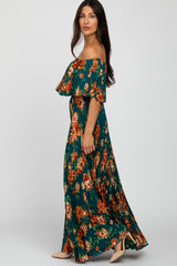 Teal Pleated Floral Off Shoulder Dress