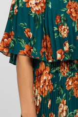 Teal Pleated Floral Off Shoulder Dress