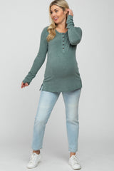 Green Button Up Maternity Long Sleeve Top