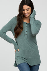 Green Button Up Maternity Long Sleeve Top