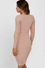 Light Pink Ribbed Fitted Long Sleeve Maternity Dress