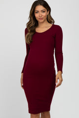 Burgundy Ribbed Fitted Long Sleeve Maternity Dress