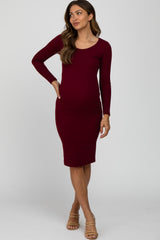 Burgundy Ribbed Fitted Long Sleeve Maternity Dress