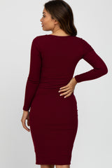 Burgundy Ribbed Fitted Long Sleeve Maternity Dress