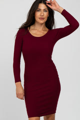 Burgundy Ribbed Fitted Long Sleeve Dress