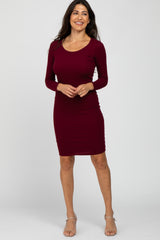 Burgundy Ribbed Fitted Long Sleeve Dress