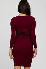 Burgundy Ribbed Fitted Long Sleeve Dress