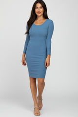 Blue Ribbed Fitted Long Sleeve Dress