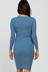 Blue Ribbed Fitted Long Sleeve Dress