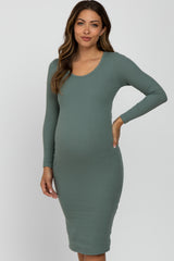 Olive Ribbed Fitted Long Sleeve Maternity Dress