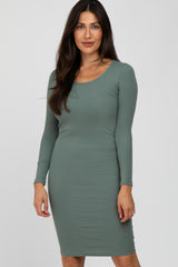 Olive Ribbed Fitted Long Sleeve Maternity Dress