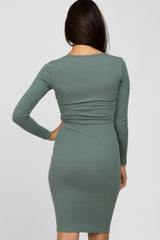 Olive Ribbed Fitted Long Sleeve Dress