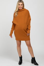 Camel Funnel Neck Dolman Sleeve Maternity Mini Dress