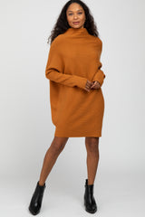 Camel Funnel Neck Dolman Sleeve Mini Dress