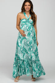 Green Palm Print Halter Neck Maternity Maxi Dress