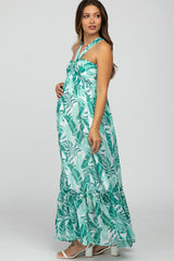 Green Palm Print Halter Neck Maternity Maxi Dress