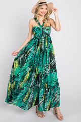 Green Palm Print Halter Neck Maxi Dress